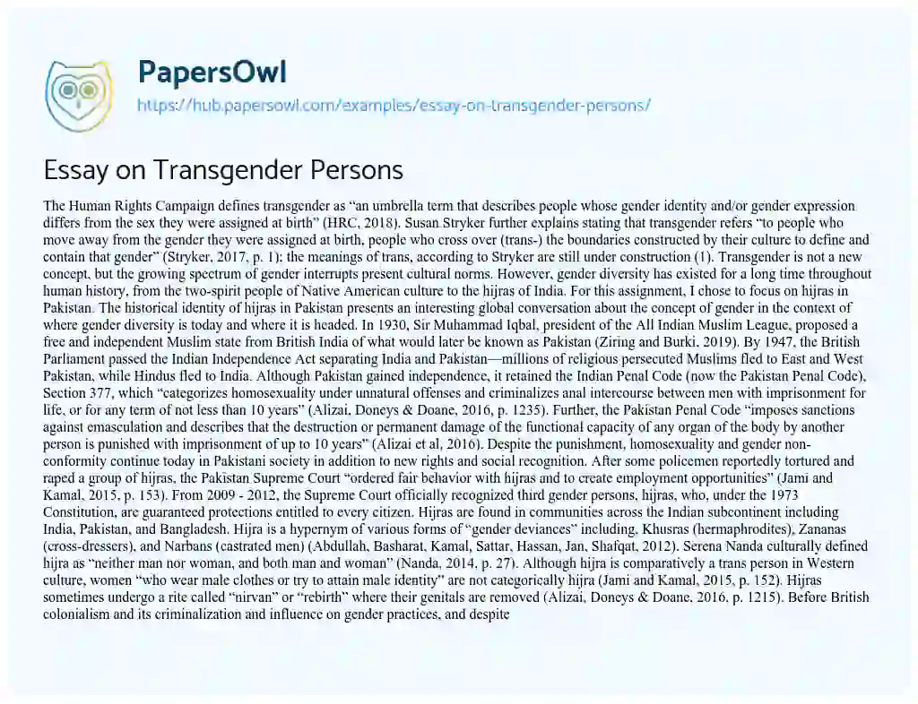 Essay on Essay on Transgender Persons