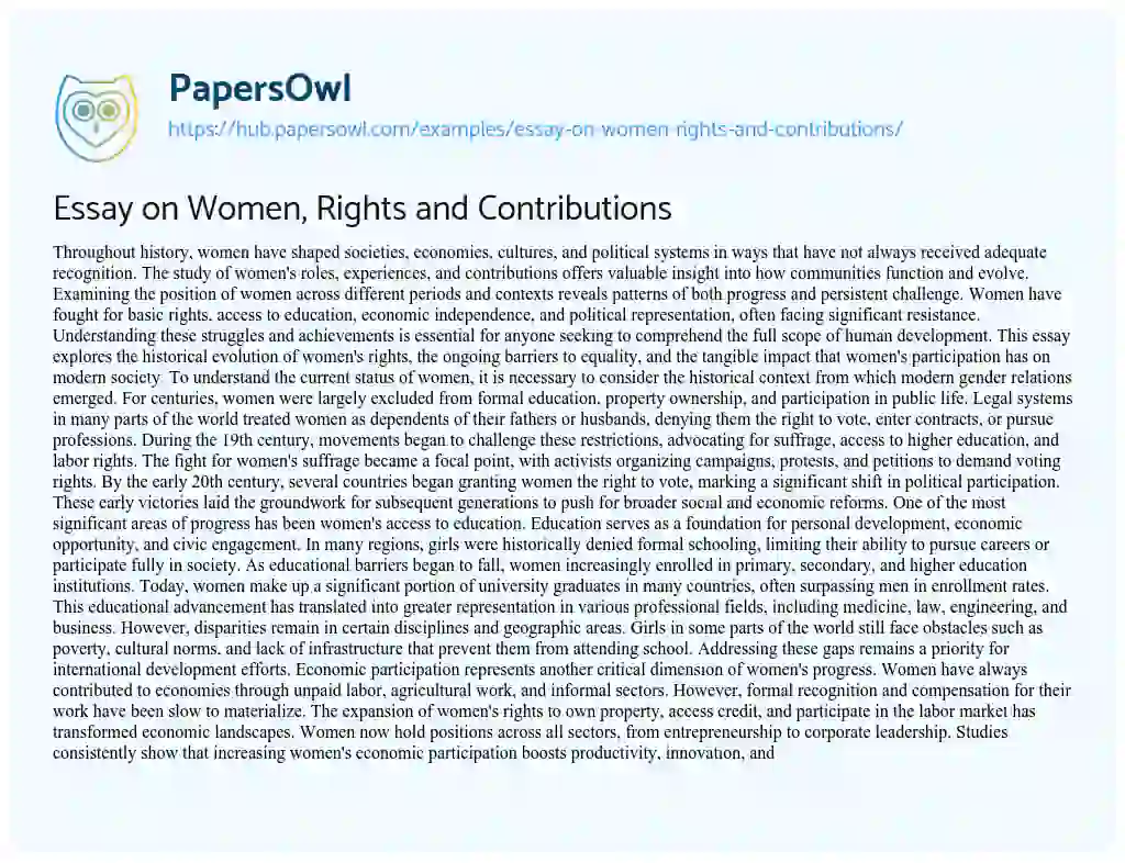 Essay on Essay on Women, Rights and Contributions