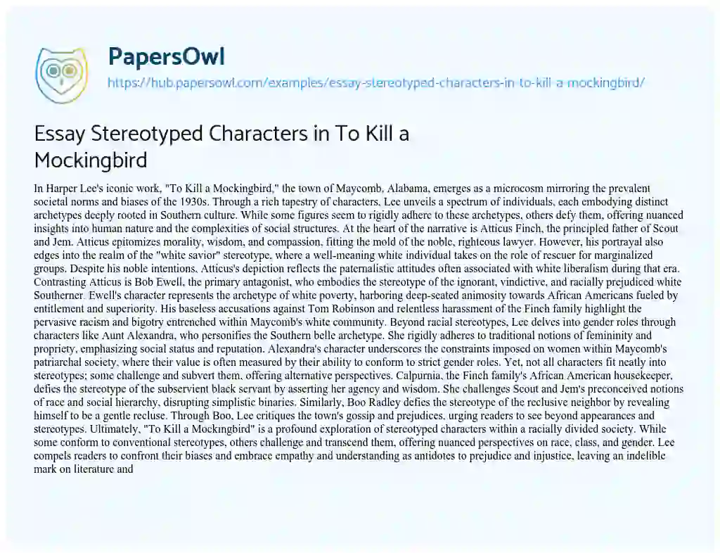 Essay on Essay Stereotyped Characters in To Kill a Mockingbird