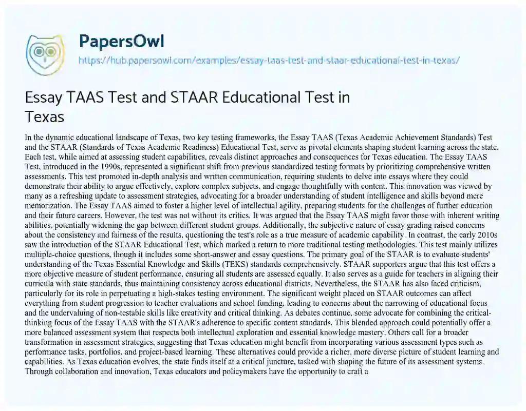 Essay on Essay TAAS Test and STAAR Educational Test in Texas
