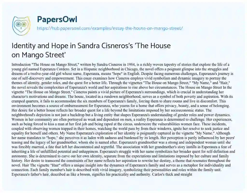 Essay on Identity and Hope in Sandra Cisneros’s ‘The House on Mango Street’
