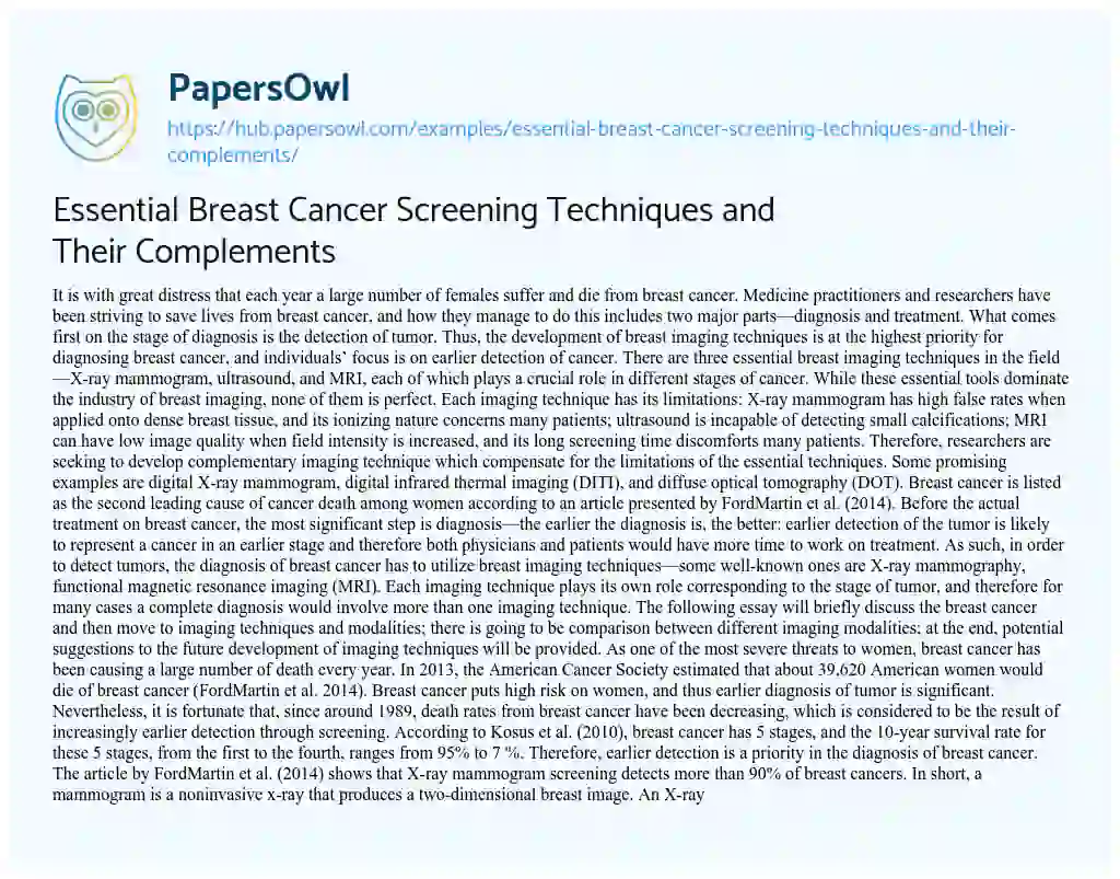 Essay on Essential Breast Cancer Screening Techniques and Their Complements