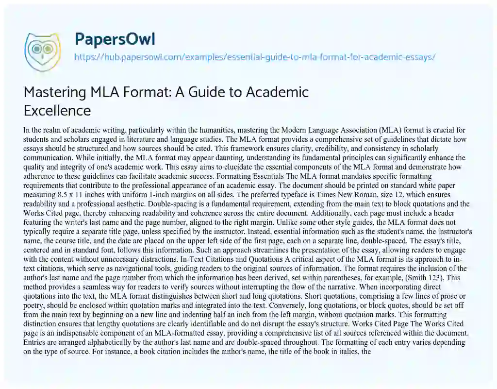 Essay on Mastering MLA Format: A Guide to Academic Excellence