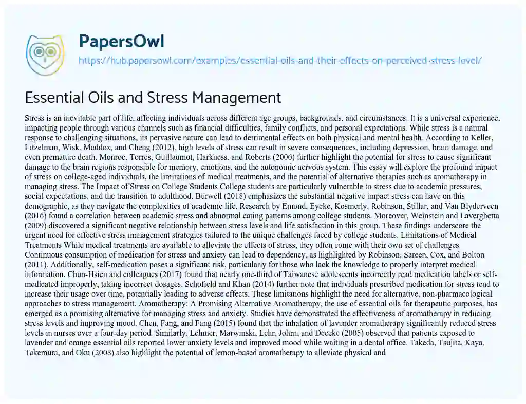 Essay on Essential Oils and Stress Management