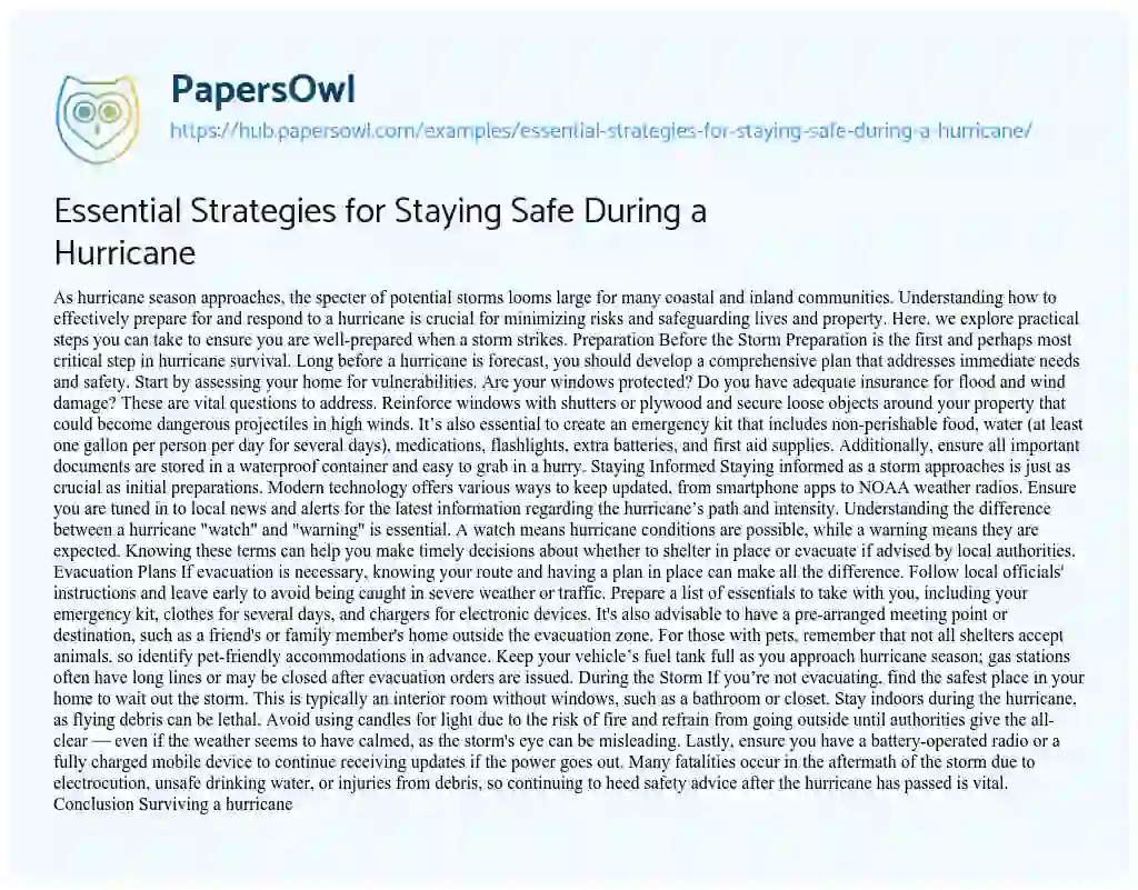 Essay on Essential Strategies for Staying Safe During a Hurricane
