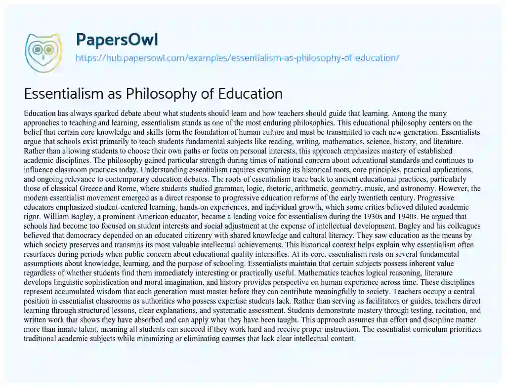 Essay on Essentialism as Philosophy of Education