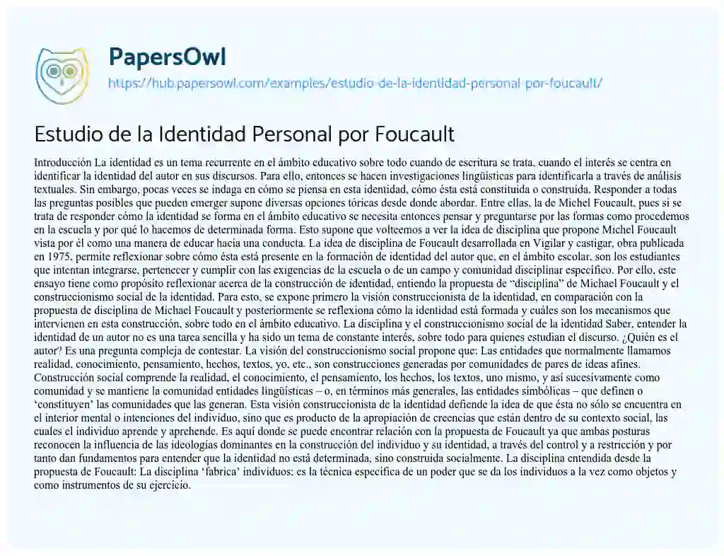 Essay on Estudio de la Identidad Personal por Foucault