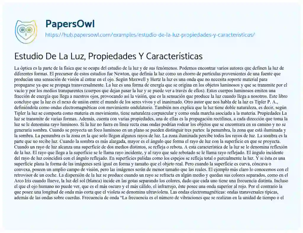 Essay on Estudio De La Luz, Propiedades Y Características