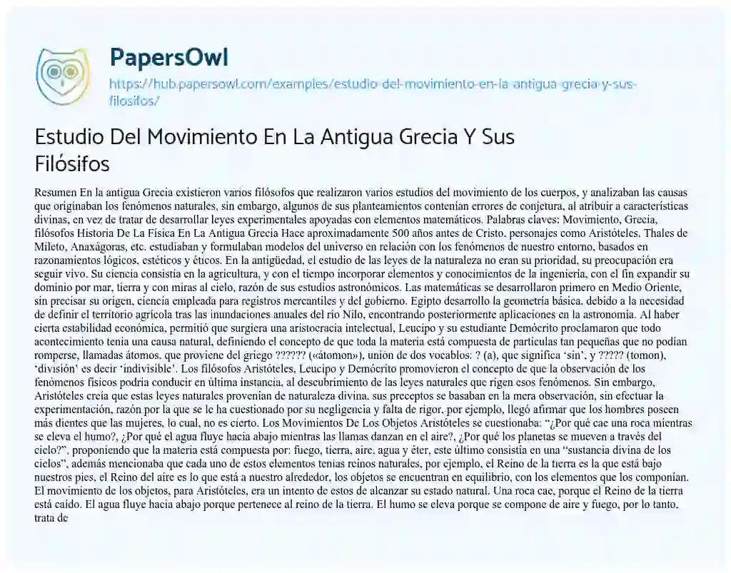 Essay on Estudio Del Movimiento En La Antigua Grecia Y Sus Filósifos