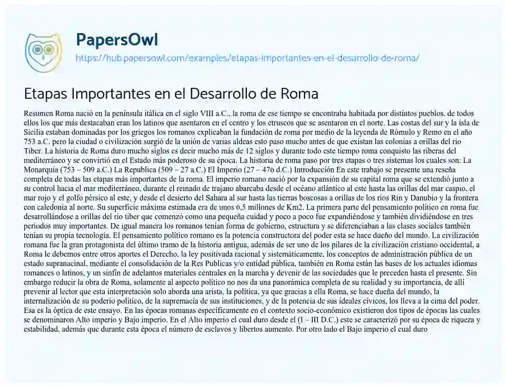 Essay on Etapas Importantes en el Desarrollo de Roma