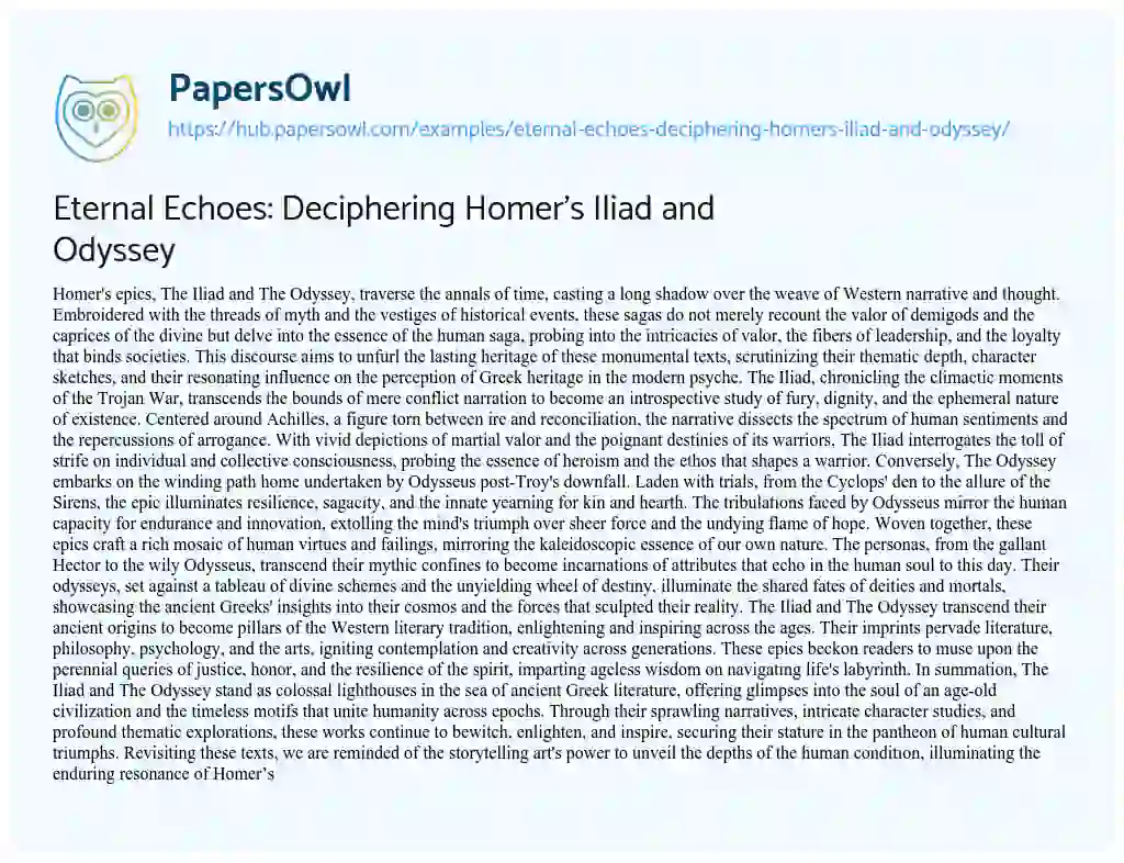 Essay on Eternal Echoes: Deciphering Homer’s Iliad and Odyssey