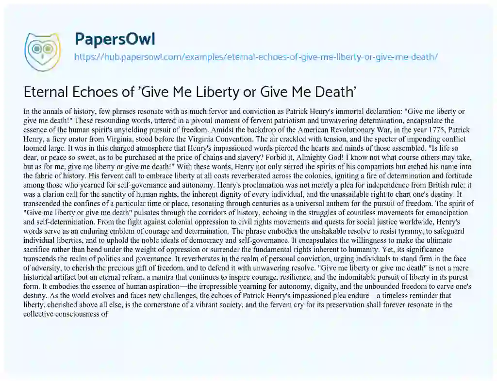 Essay on Eternal Echoes of ‘Give Me Liberty or Give Me Death’