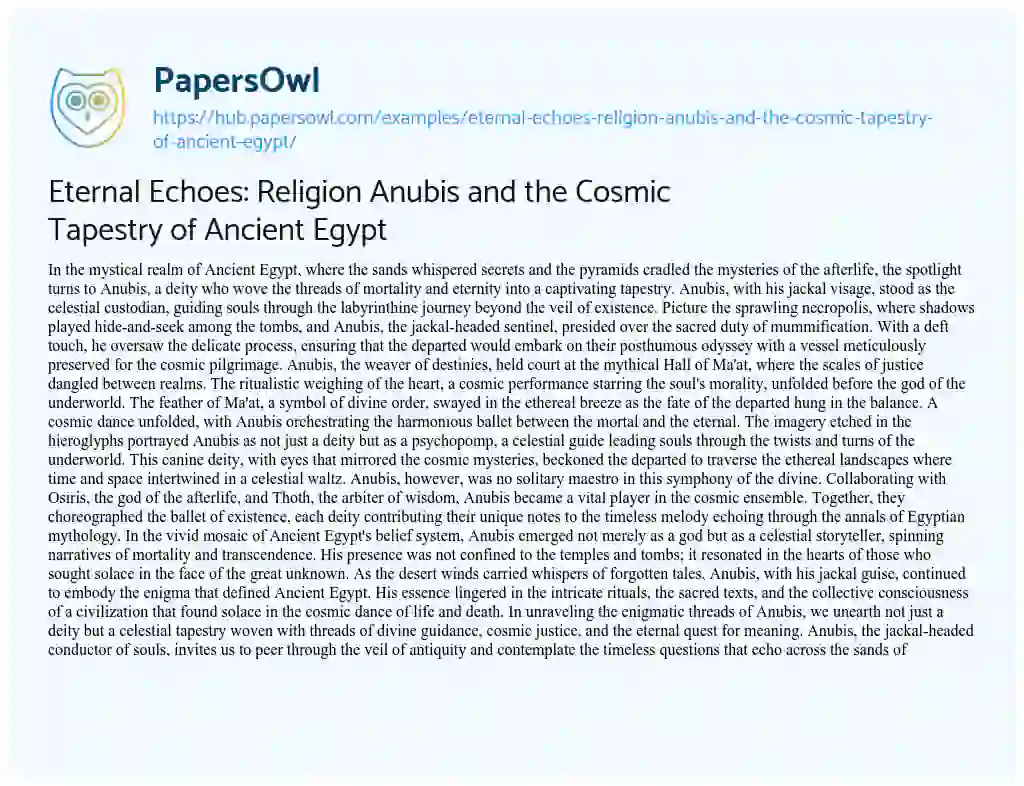 Essay on Eternal Echoes: Religion Anubis and the Cosmic Tapestry of Ancient Egypt