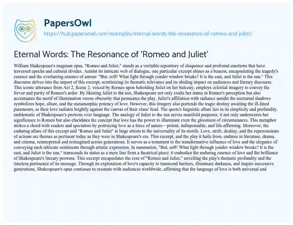Essay on Eternal Words: The Resonance of ‘Romeo and Juliet’