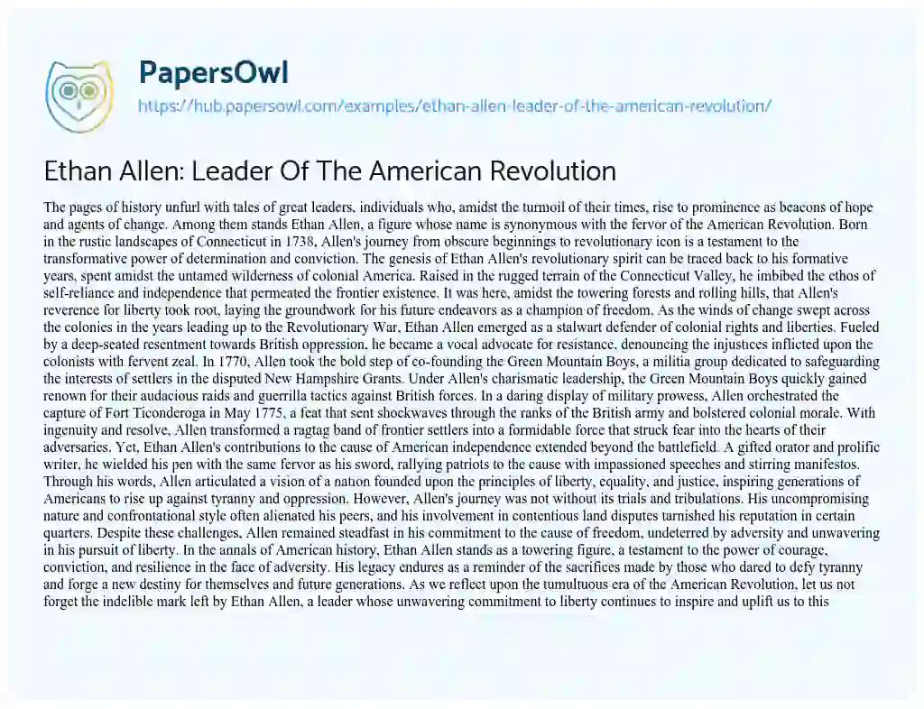 Essay on Ethan Allen: Leader Of The American Revolution