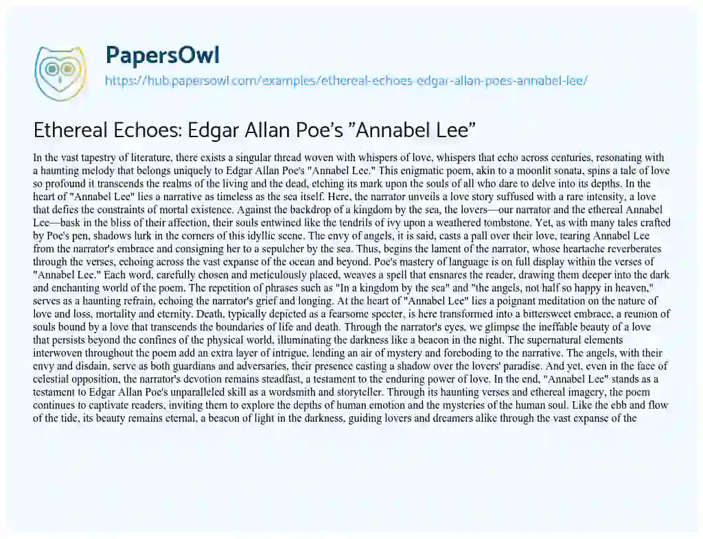 Essay on Ethereal Echoes: Edgar Allan Poe’s “Annabel Lee”