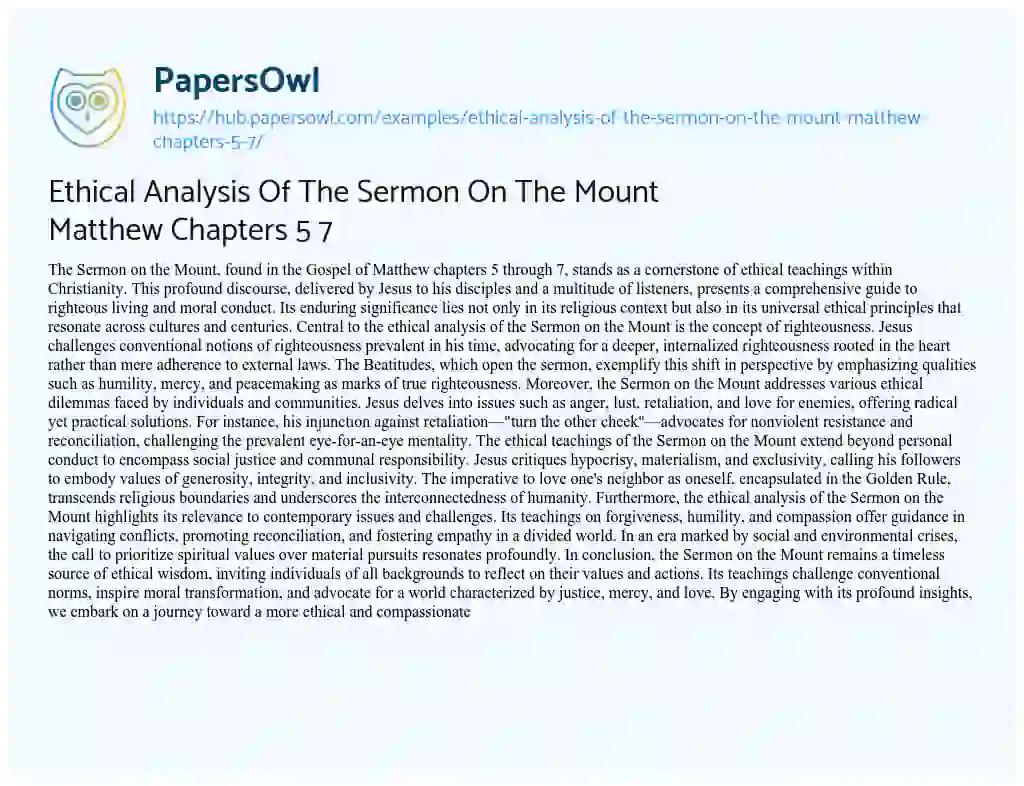 Essay on Ethical Analysis Of The Sermon On The Mount Matthew Chapters 5 7