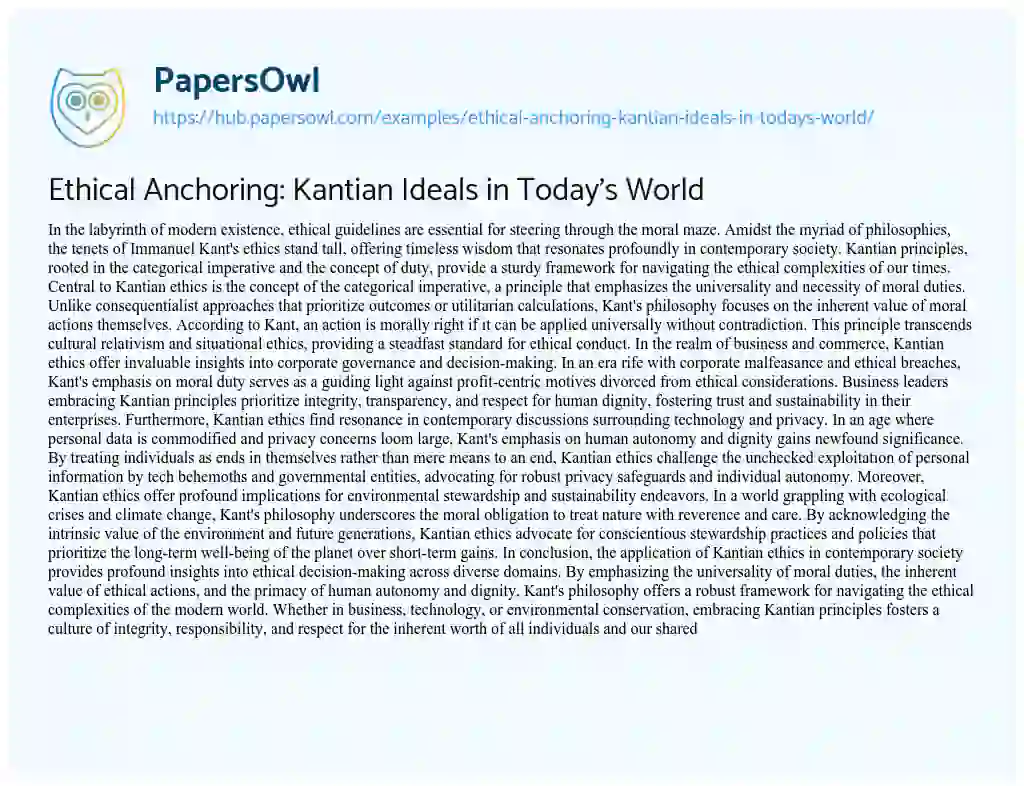 Essay on Ethical Anchoring: Kantian Ideals in Today’s World