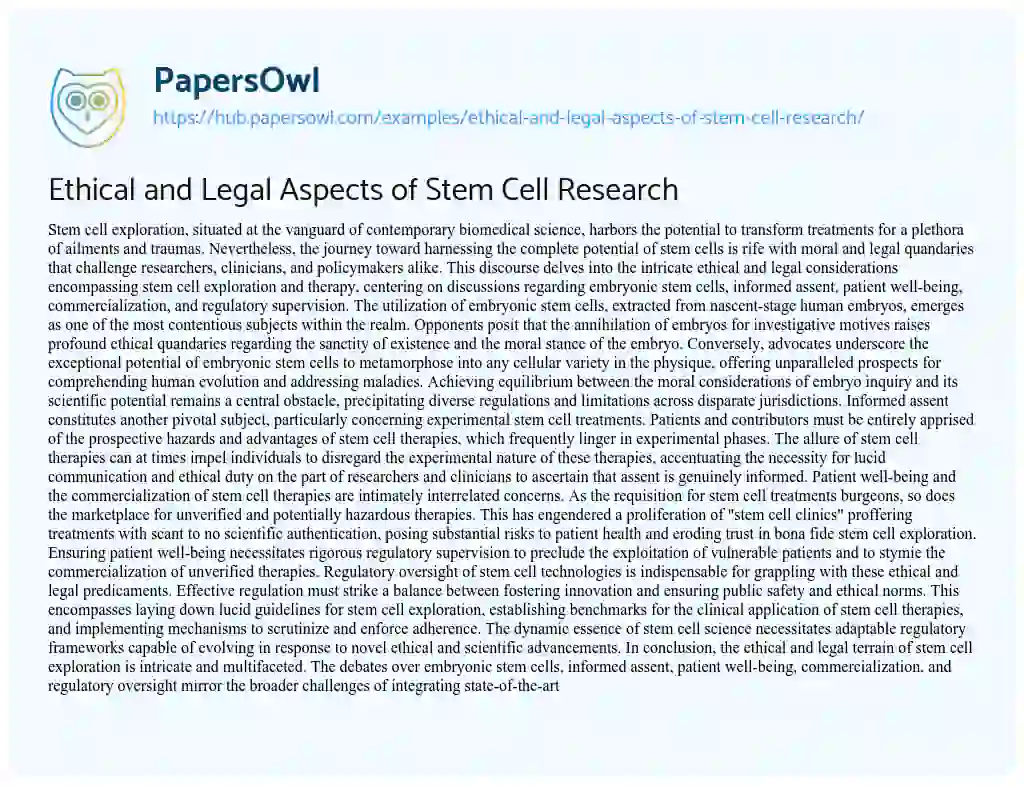 Essay on Ethical and Legal Aspects of Stem Cell Research
