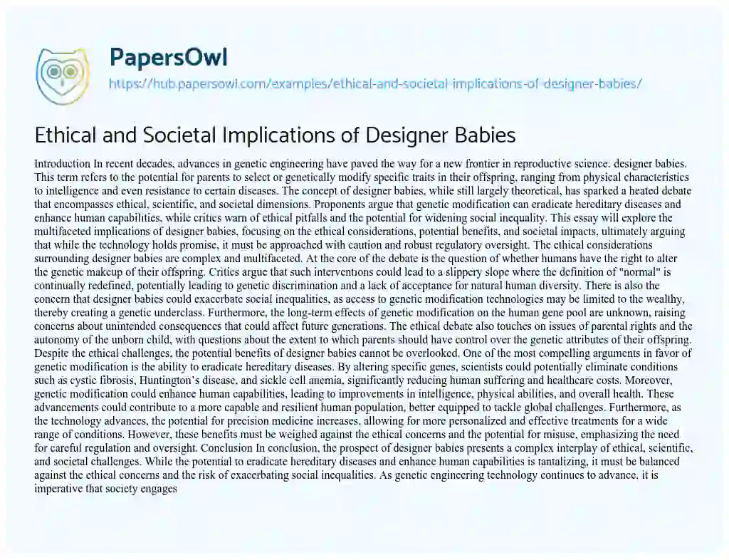 Essay on Ethical and Societal Implications of Designer Babies