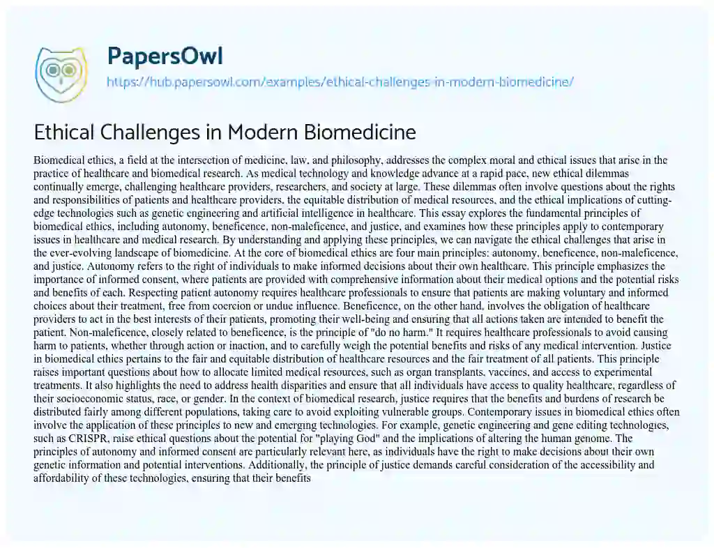 Essay on Ethical Challenges in Modern Biomedicine