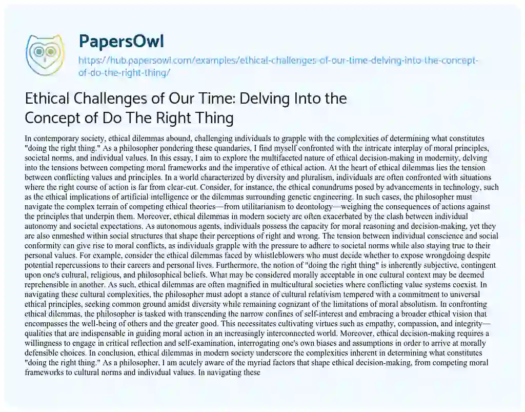 Essay on Ethical Challenges of Our Time: Delving Into the Concept of Do The Right Thing