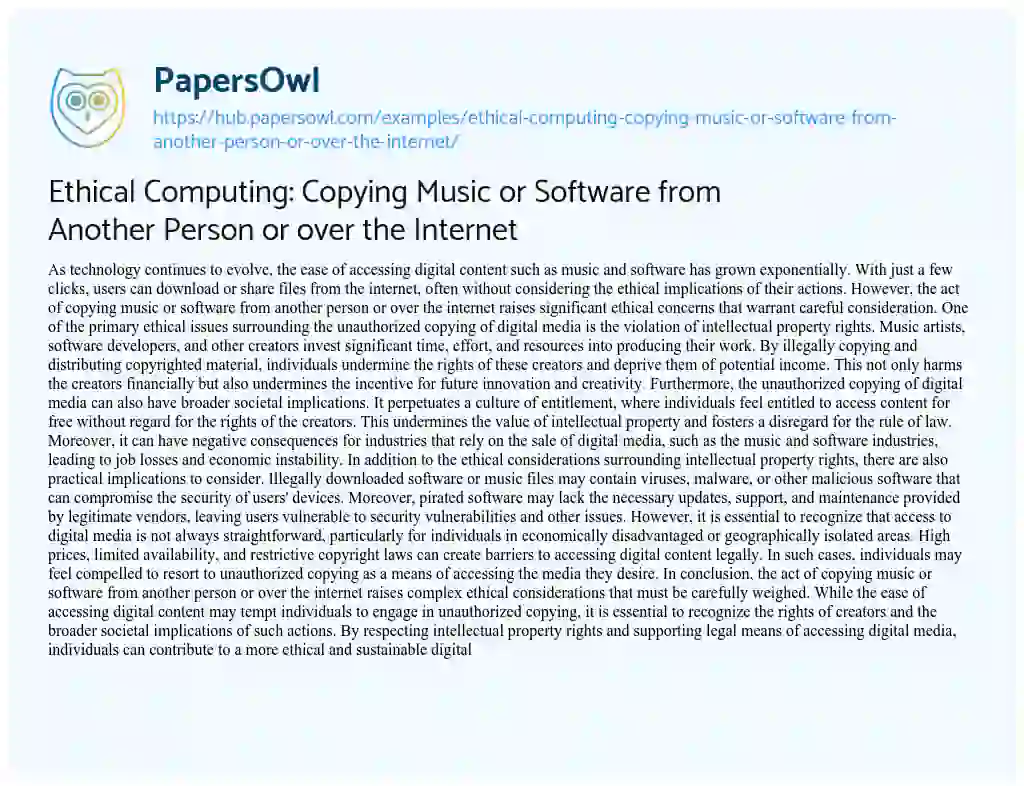Essay on Ethical Computing: Copying Music or Software from Another Person or over the Internet