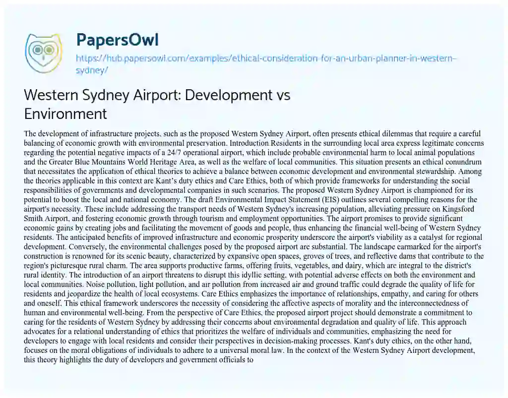 Essay on Western Sydney Airport: Development vs Environment