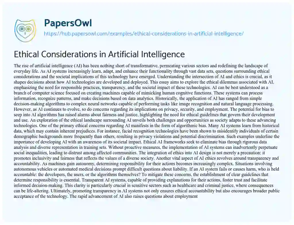 Essay on Ethical Considerations in Artificial Intelligence