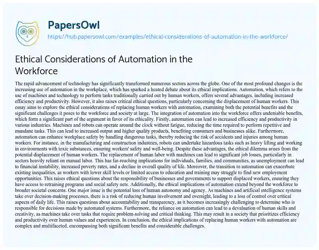 Essay on Ethical Considerations of Automation in the Workforce