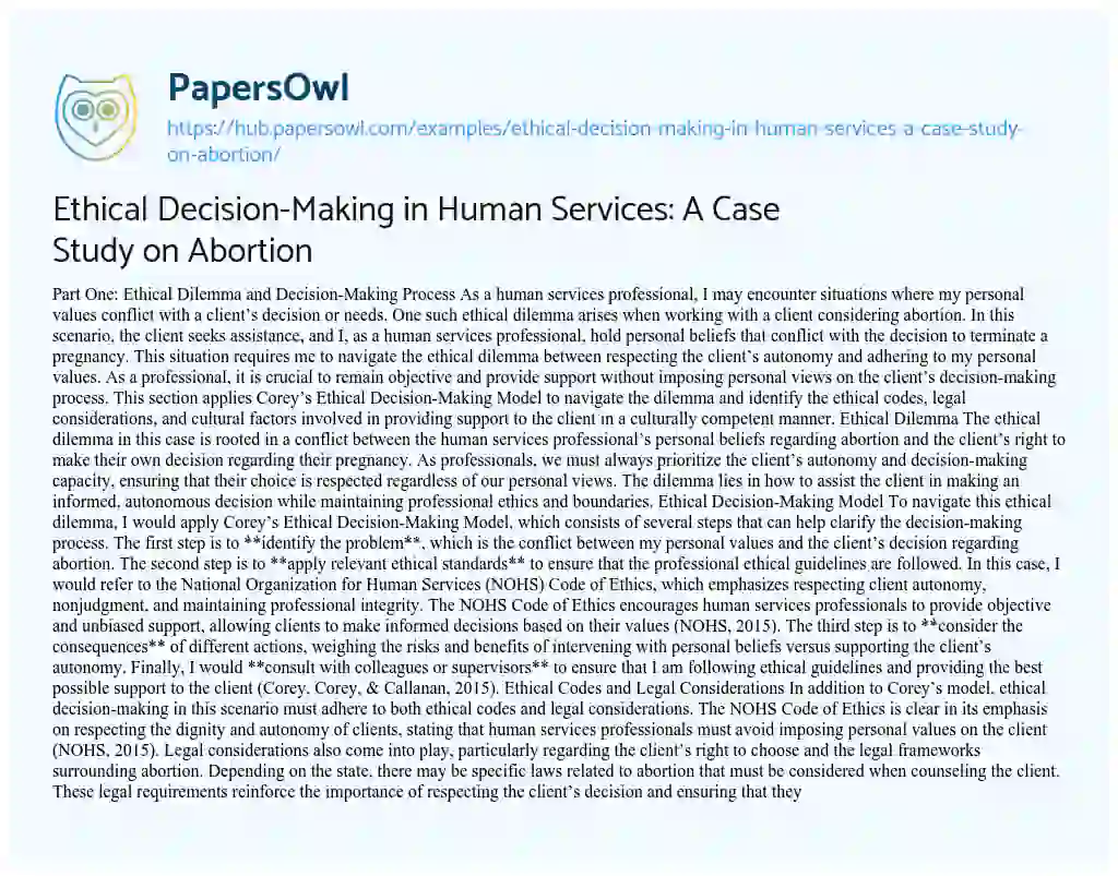 Essay on Ethical Decision-Making in Human Services: A Case Study on Abortion