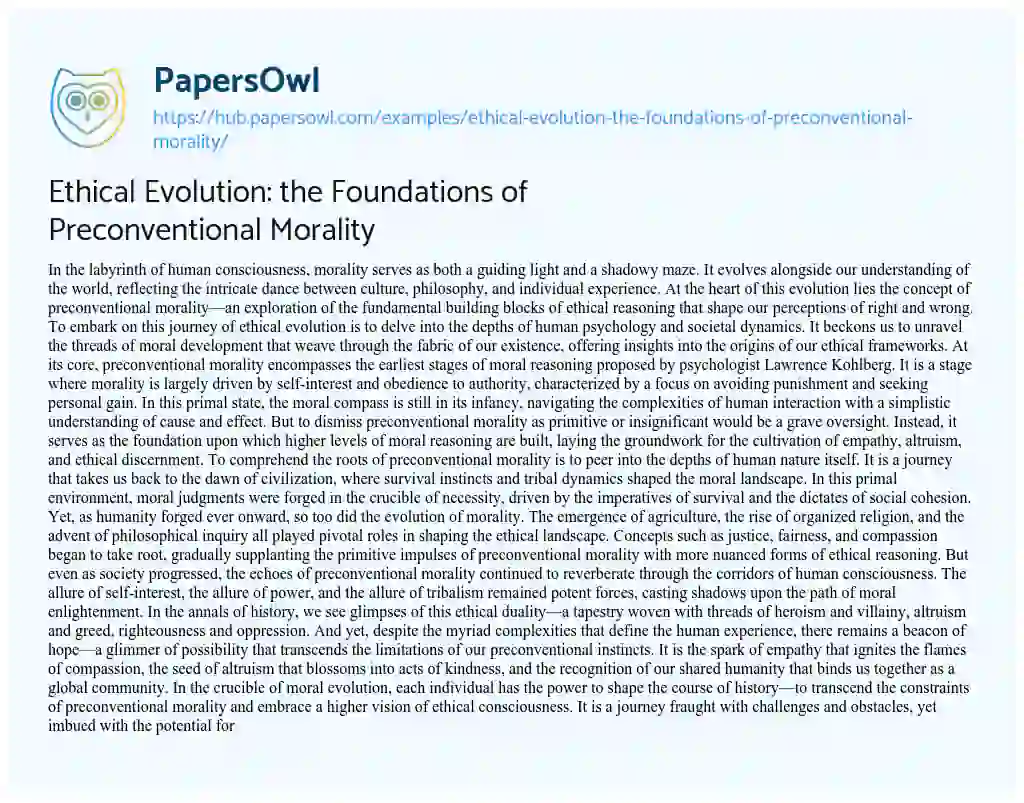Essay on Ethical Evolution: the Foundations of Preconventional Morality