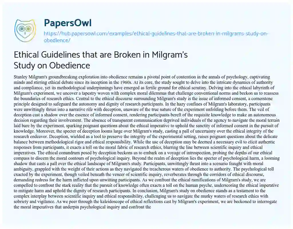 Essay on Ethical Guidelines that are Broken in Milgram’s Study on Obedience