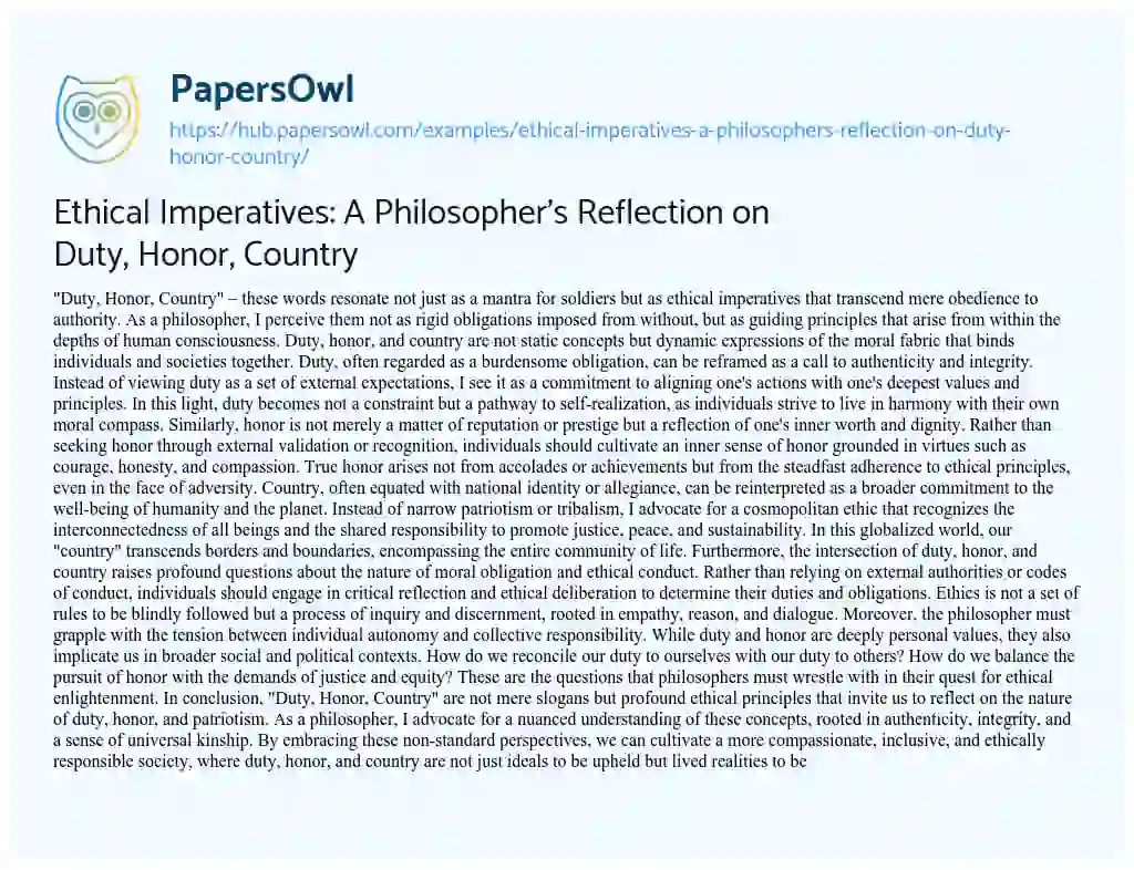 Essay on Ethical Imperatives: A Philosopher’s Reflection on Duty, Honor, Country