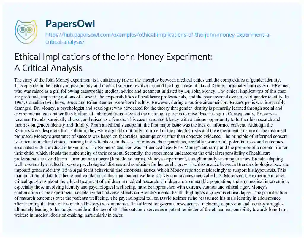 Essay on Ethical Implications of the John Money Experiment: A Critical Analysis