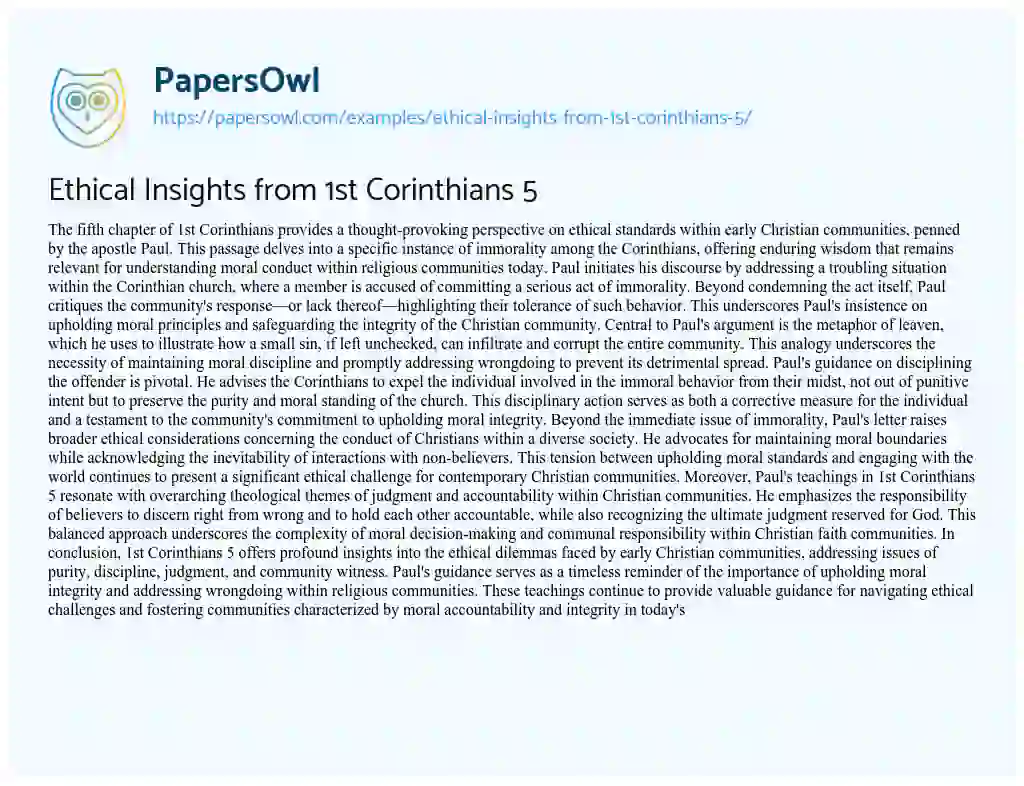 Essay on Ethical Insights from 1st Corinthians 5