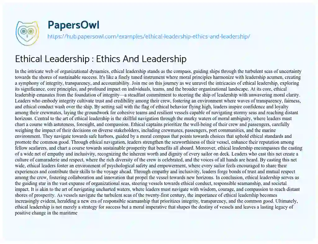 Essay on Ethical Leadership : Ethics And Leadership
