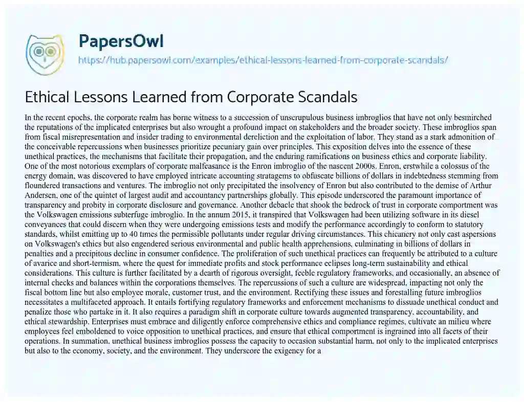 Essay on Ethical Lessons Learned from Corporate Scandals
