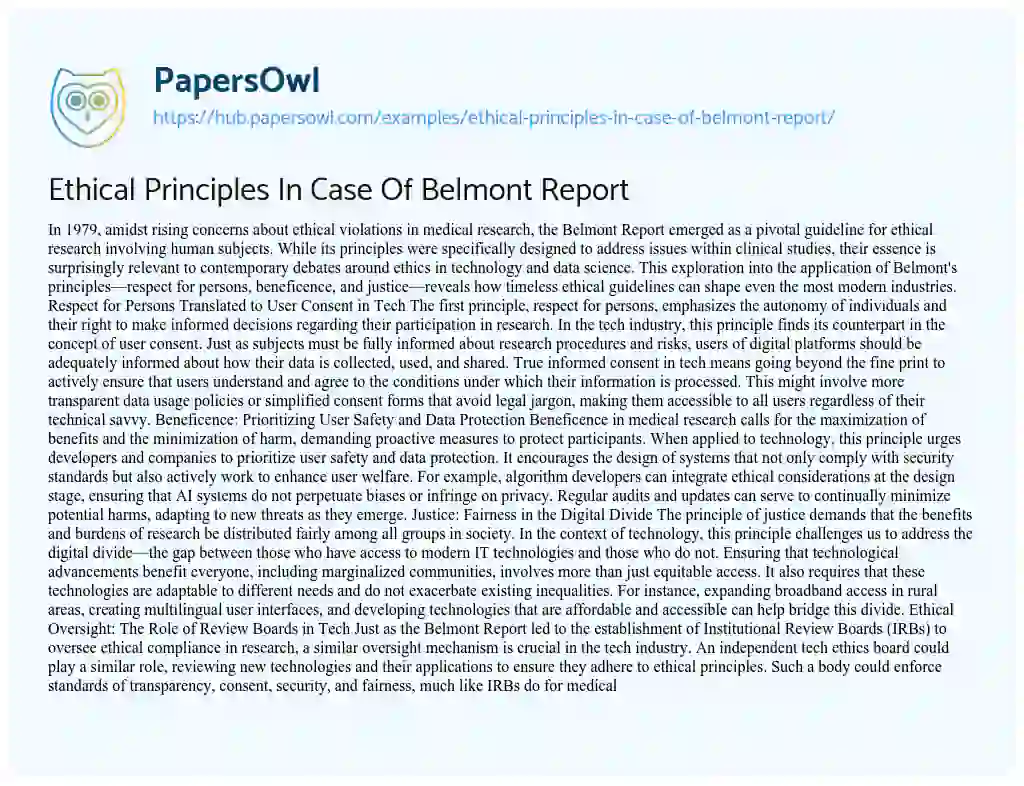 Essay on Ethical Principles In Case Of Belmont Report