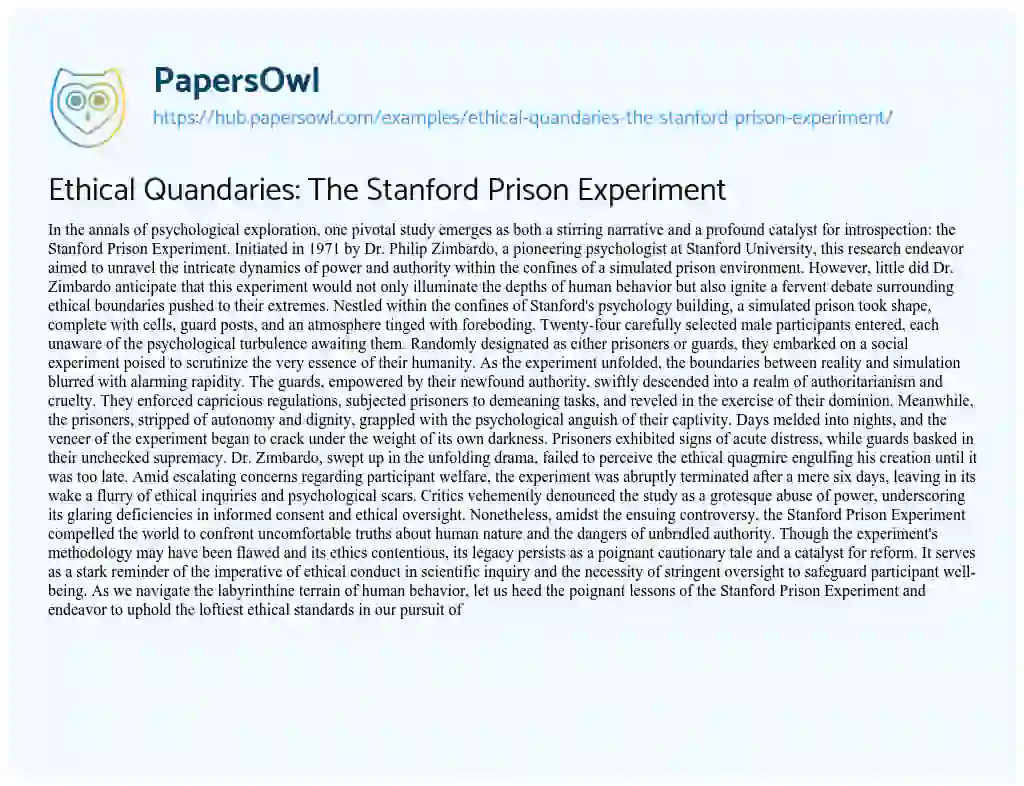 Essay on Ethical Quandaries: The Stanford Prison Experiment