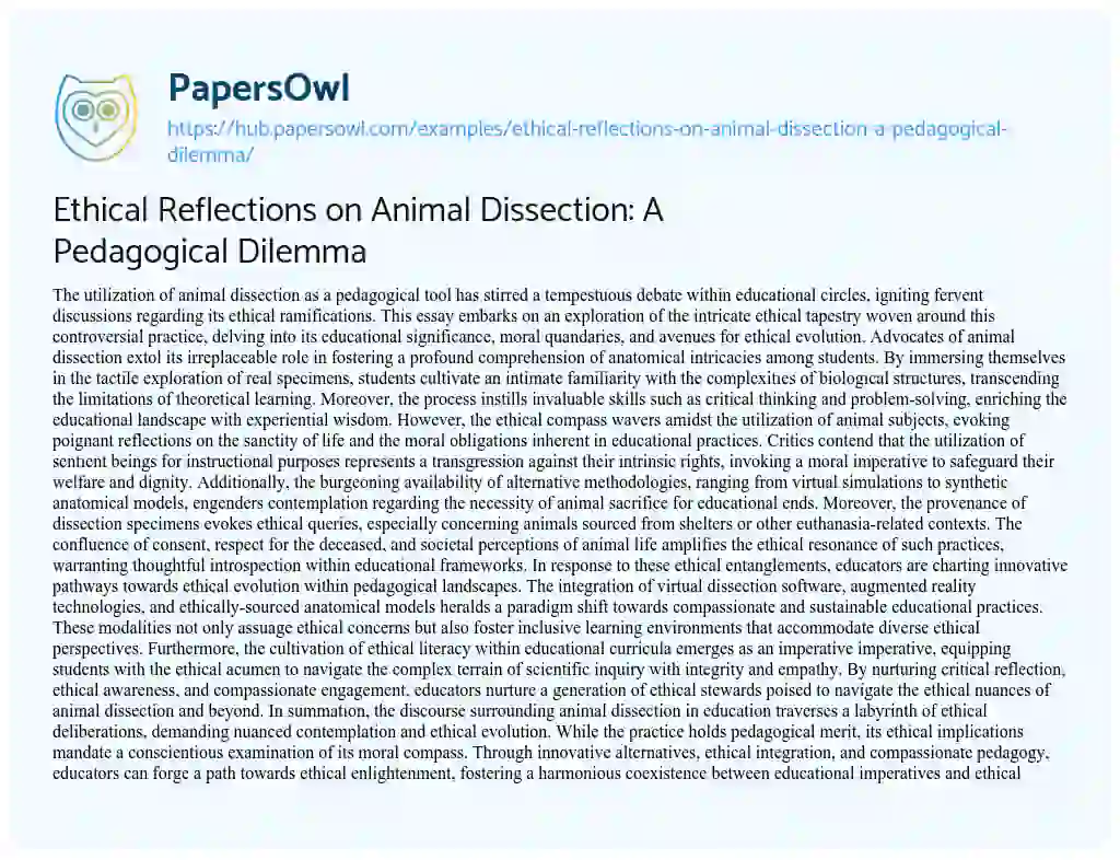 Essay on Ethical Reflections on Animal Dissection: A Pedagogical Dilemma