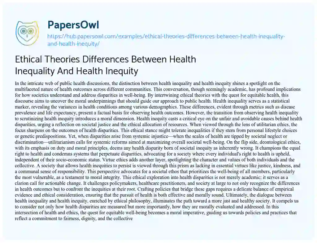 Essay on Ethical Theories Differences Between Health Inequality And Health Inequity