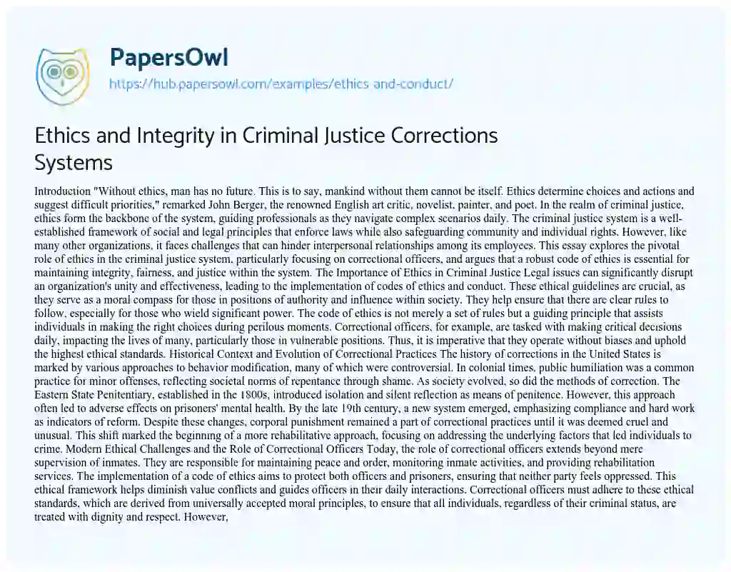 Essay on Ethics and Integrity in Criminal Justice Corrections Systems