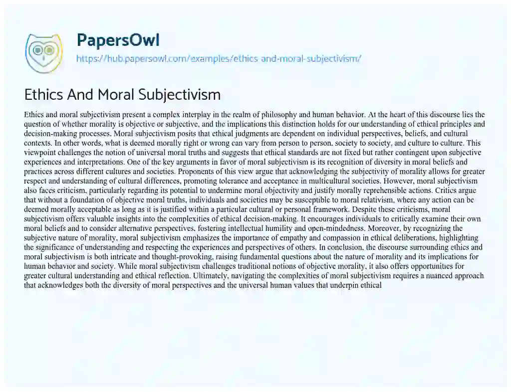 Essay on Ethics And Moral Subjectivism