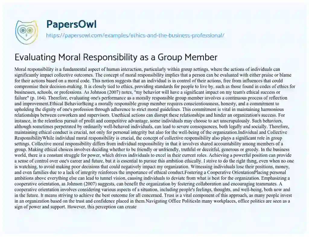 Essay on Evaluating Moral Responsibility as a Group Member