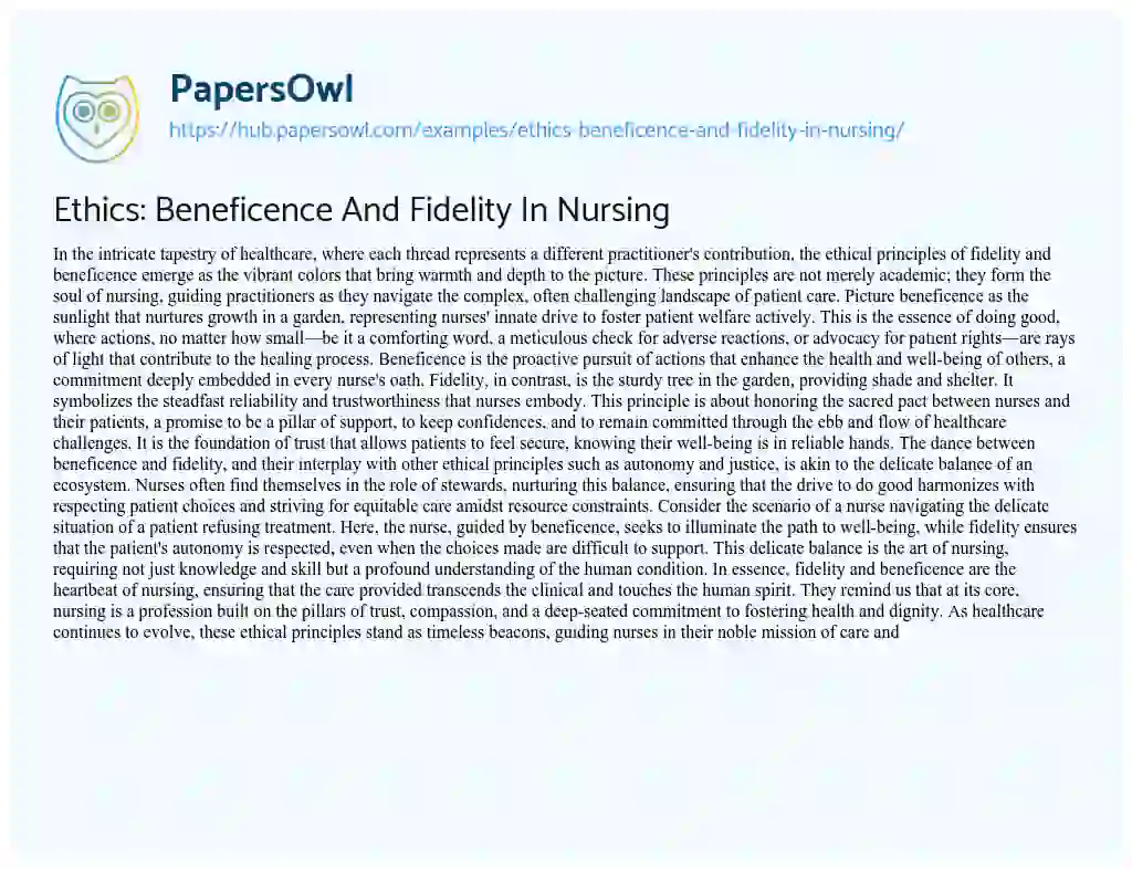 Essay on Ethics: Beneficence And Fidelity In Nursing
