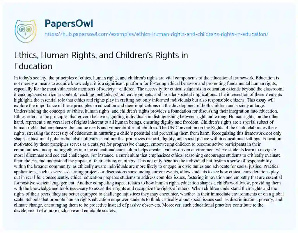 Essay on Ethics, Human Rights, and Children’s Rights in Education