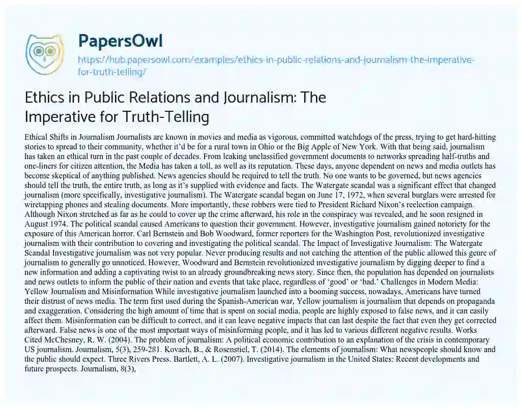 Essay on Ethics in Public Relations and Journalism: The Imperative for Truth-Telling