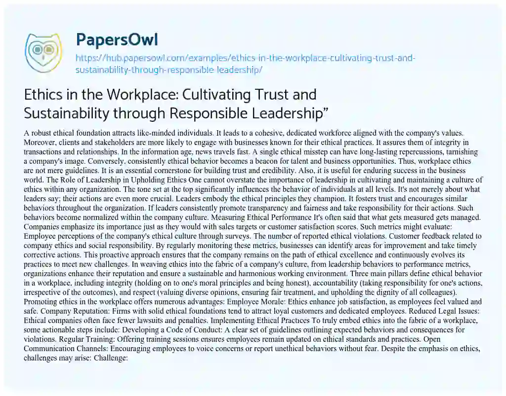 Essay on Ethics in the Workplace: Cultivating Trust and Sustainability through Responsible Leadership”