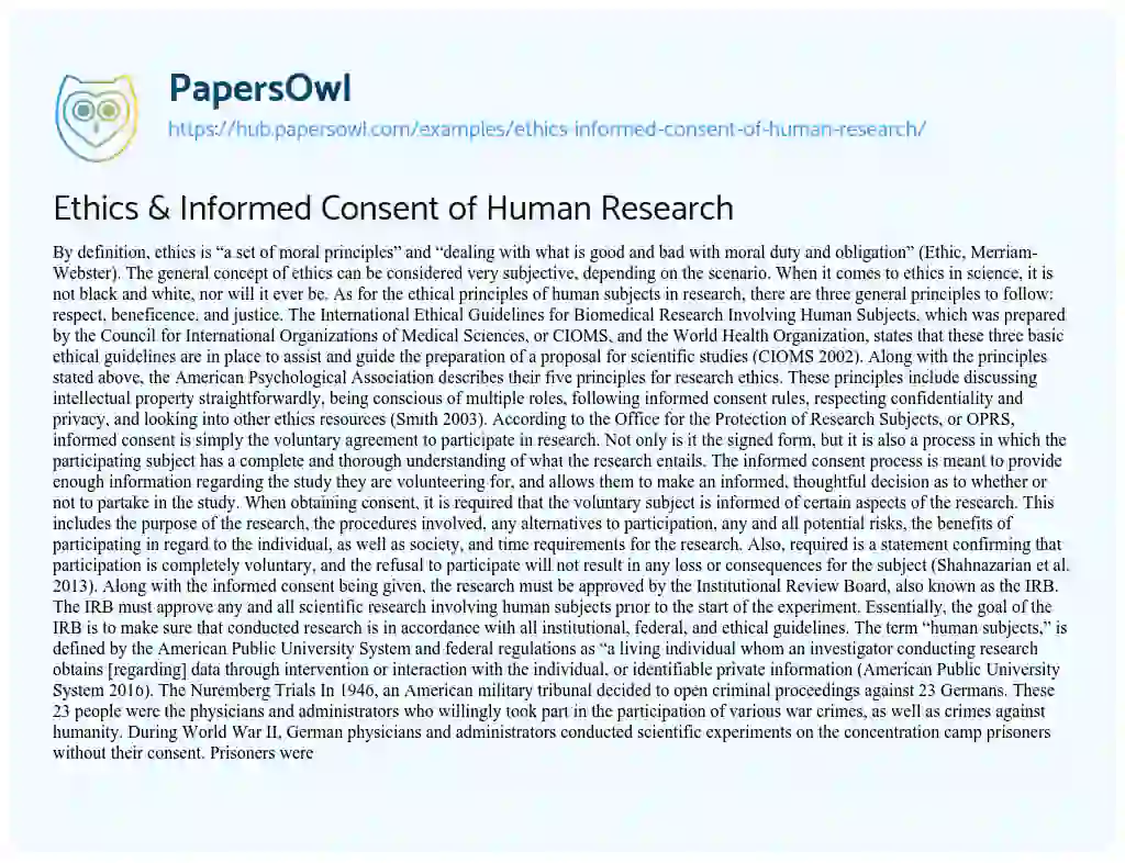 Essay on Ethics & Informed Consent of Human Research